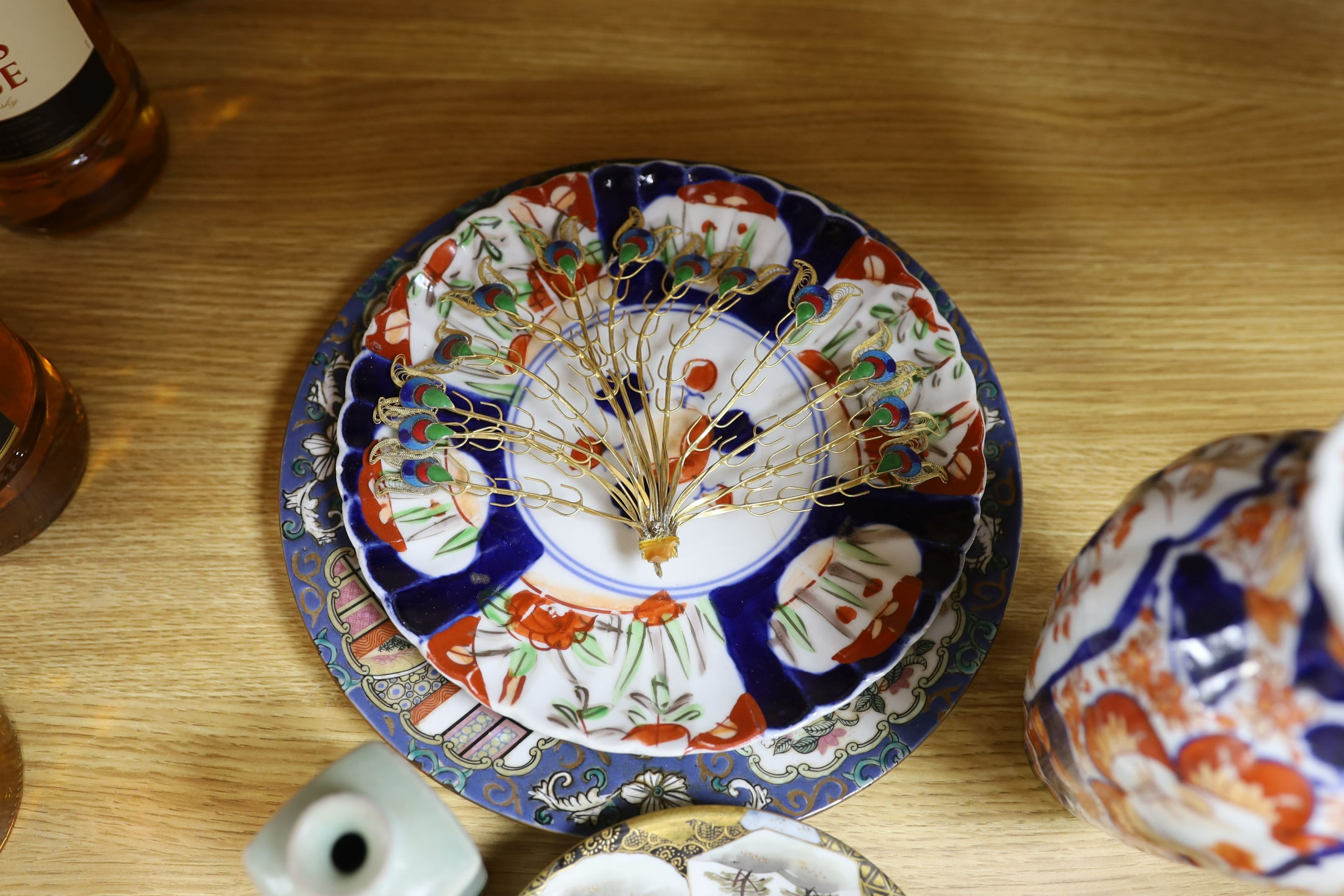 Selection of various Chinese and Japanese ceramics, together with a jade elephant and bowenite figure